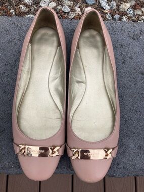COACH Pink Leather Ballet Flats with Gold Chain Plaque